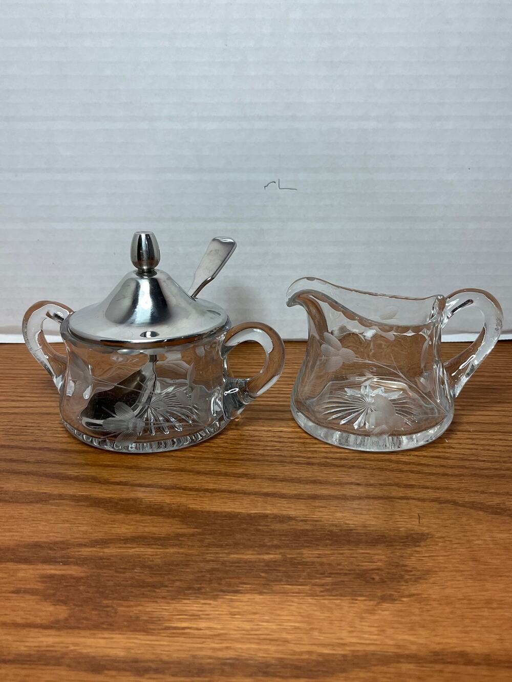 Vintage Glass Creamer Sugar Bowl Set Silver Tone Lid Spoon Etched Floral